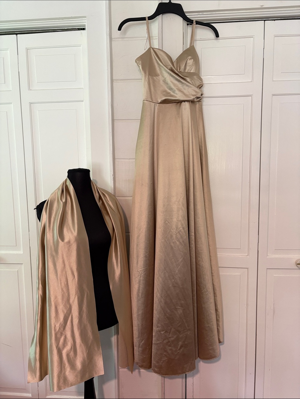 Chic Champagne Satin Maxi Dress with Matching Shawl